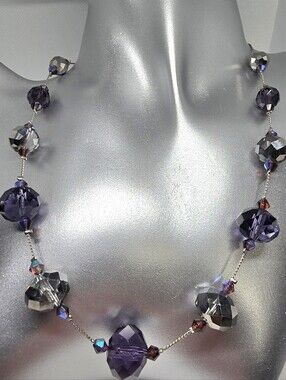 Crystal Faceted Glass Bead Station Necklace Purple Amethyst Smoky Iridescent 16"